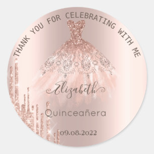 Moderne Glitter Drips Roze Gouden Quinceañera-jurk Ronde Sticker