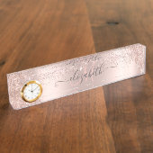 Moderne Glitter Drips Roze Gouden Stof Monogram Naambordje (Zijkant)