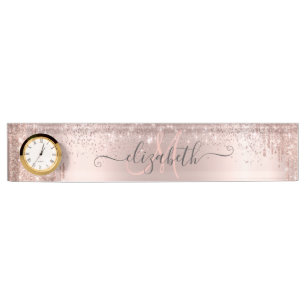 Moderne Glitter Drips Roze Gouden Stof Monogram Naambordje