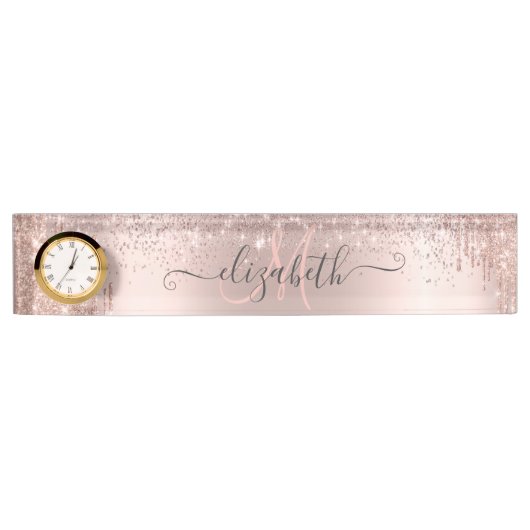 Moderne Glitter Drips Roze Gouden Stof Monogram Naambordje (Voorkant)