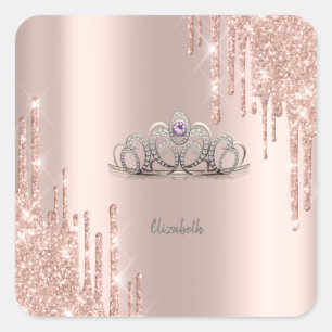Moderne Glitter Drips Roze Gouden Tiara Vierkante Sticker
