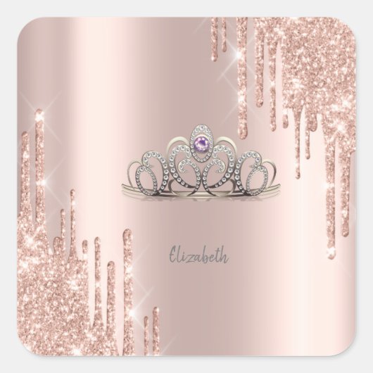 Moderne Glitter Drips Roze Gouden Tiara Vierkante Sticker (Voorkant)
