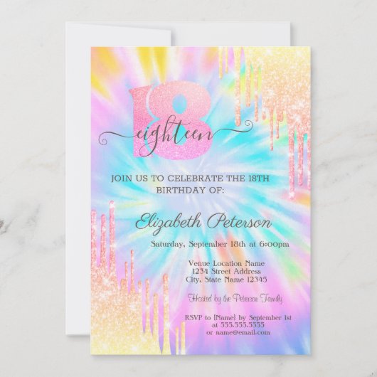 Moderne Glitter Drips Tie Dye 18e Verjaardag Kaart (Voorkant)