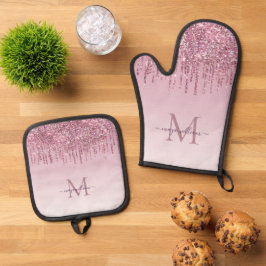 Moderne glitter druppels gepersonaliseerde monogra ovenwant & pannenlap set