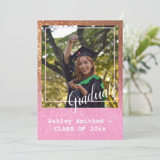 Moderne Glitter Glans Foto Afstuderen Roze Kaart (Staand voorkant)