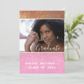 Moderne glitter glans foto afstuderen roze kaart (Staand voorkant)