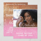 Moderne glitter glans foto afstuderen roze kaart (Voorkant / Achterkant)