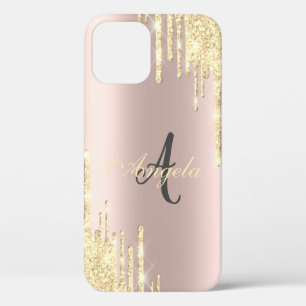 Moderne Glitter Goud Drips Roze Goud, Monogram Case-Mate iPhone Case