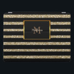 Moderne glitter gouden zwarte strepen monogram naa iPad pro cover<br><div class="desc">Persoonlijk modern glitter Ipad pro hoesje. Zwarte strepen op gouden achtergrond en monogram en naam.</div>