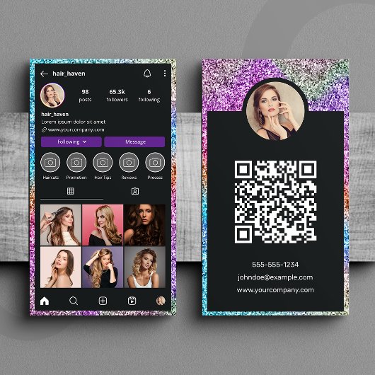 Moderne Glitter Instagram Haarstudio QR Code Visitekaartje