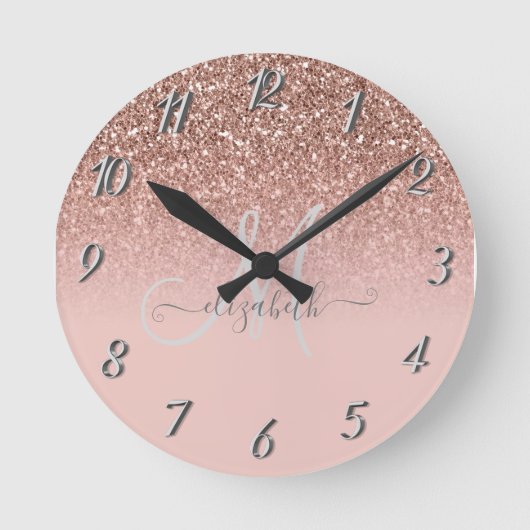 Moderne Glitter Lovertinten Roze Goud Initialen Ronde Klok (Voorkant)