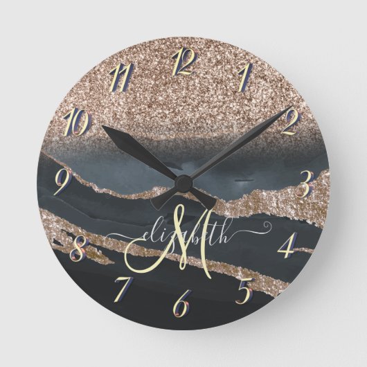 Moderne Glitter Marmer Monogram Ronde Klok (Voorkant)