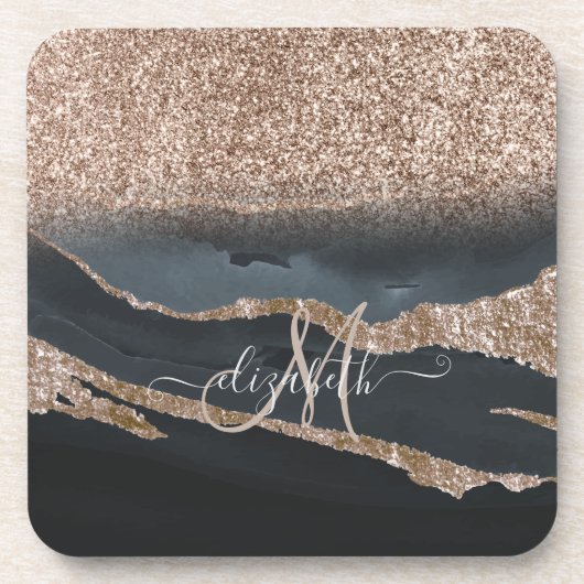 Moderne Glitter Marmeren Monogram Bier Onderzetter (Voorkant)