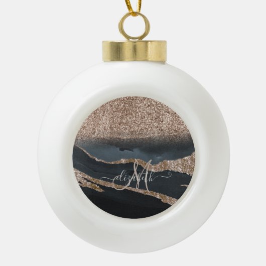 Moderne Glitter Marmeren Monogram Keramische Bal Ornament (Voorkant)