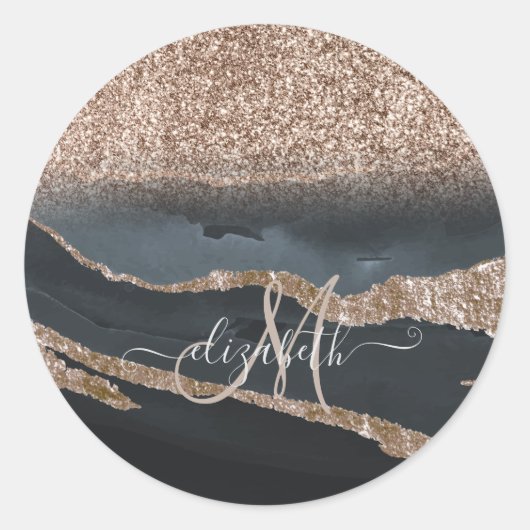 Moderne Glitter Marmeren Monogram Ronde Sticker (Voorkant)