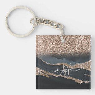Moderne Glitter Marmeren Monogram Sleutelhanger