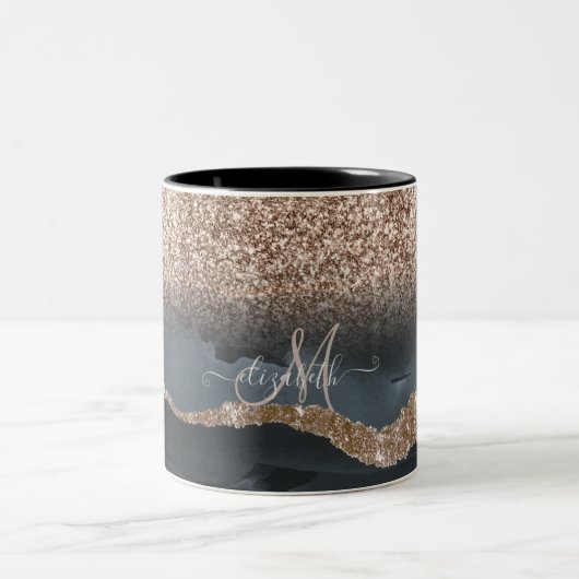Moderne Glitter Marmeren Monogram Tweekleurige Koffiemok (Center)