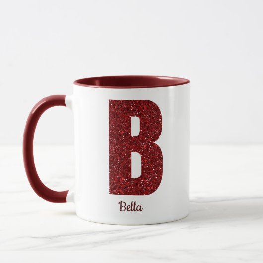 Moderne Glitter Monogram B Mok met Naam (Links)