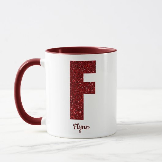 Moderne Glitter Monogram F Mok met Naam (Links)