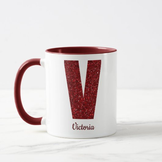 Moderne Glitter Monogram V Mok met Naam (Links)
