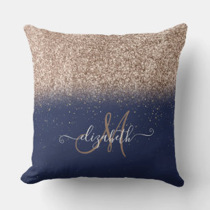 Moderne Glitter Ombre Monogram Navy Blauwe Kussen
