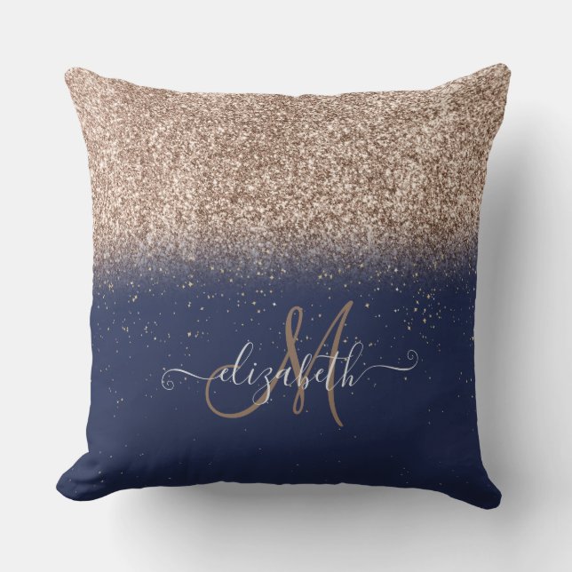 Moderne Glitter Ombre Monogram Navy Blauwe  Kussen (Voorkant)