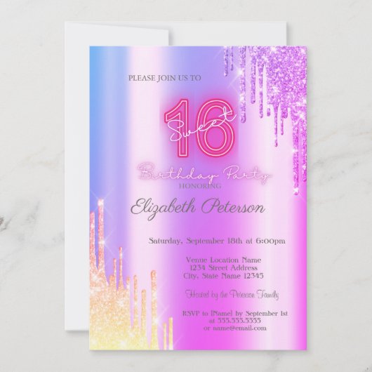 Moderne Glitter Ombre Violet Drips Neon Sweet 16 Kaart (Voorkant)