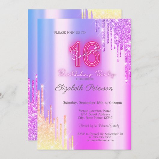 Moderne Glitter Ombre Violet Drips Neon Sweet 16 Kaart (Voorkant / Achterkant)