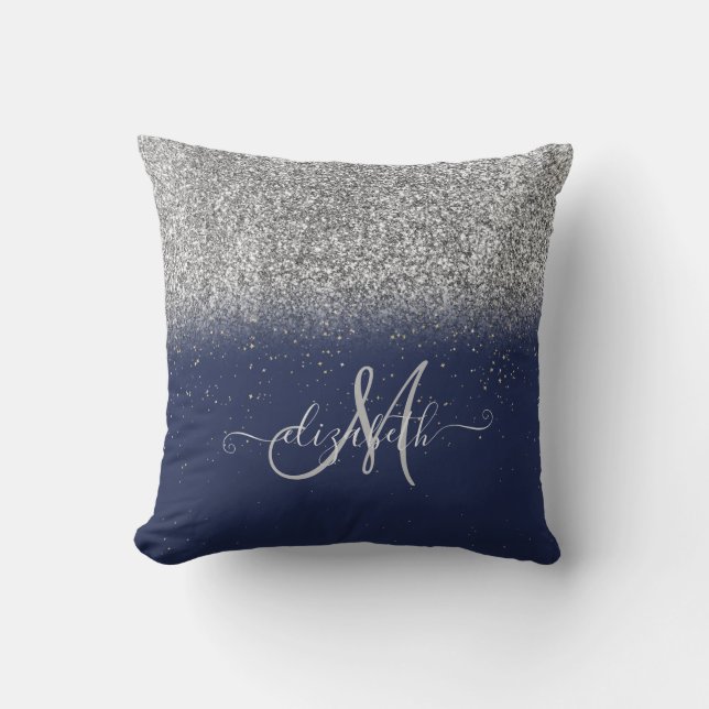 Moderne Glitter Ombre Zilveren Monogram Navy Blauw Kussen (Voorkant)