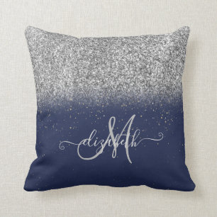 Moderne Glitter Ombre Zilveren Monogram Navy Blauw Kussen