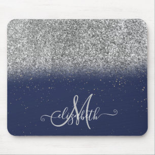 Moderne Glitter Ombre Zilveren Monogram Navy Blauw Muismat