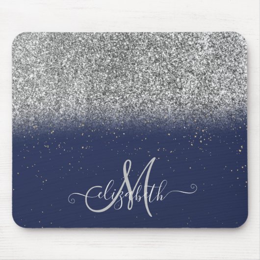 Moderne Glitter Ombre Zilveren Monogram Navy Blauw Muismat (Voorkant)