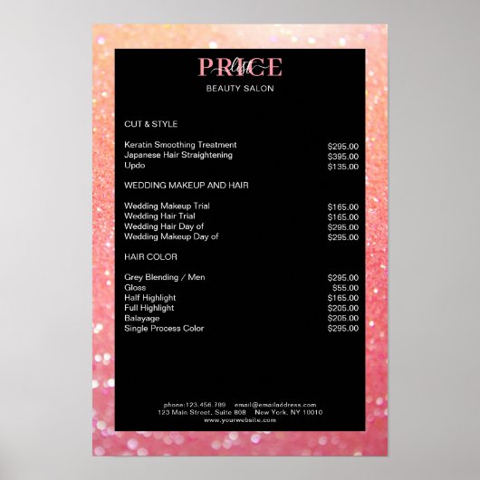 Moderne Glitter Perzik Koraal Prijslijst Poster (Voorkant)