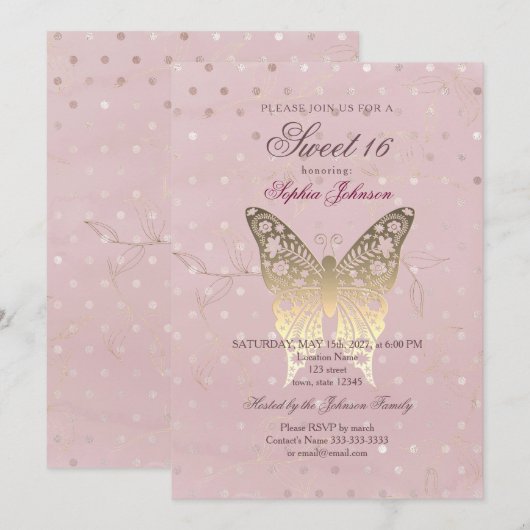 Moderne Glitter Roos Gold Sweet 16 zaterdag Kaart (Voorkant / Achterkant)