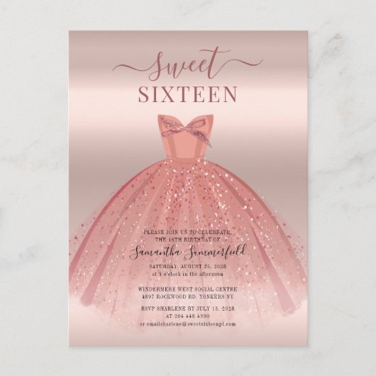 Moderne Glitter Roos Gold Sweet 16 zaterdag Uitnodiging Briefkaart (Voorkant)