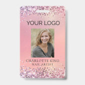 Moderne Glitter Roze Werknemer Foto ID Badge (Voorkant)