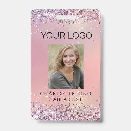 Moderne Glitter Roze Werknemer Foto ID Badge (Front)
