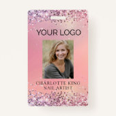 Moderne Glitter Roze Werknemer Foto ID Badge (Voorkant)
