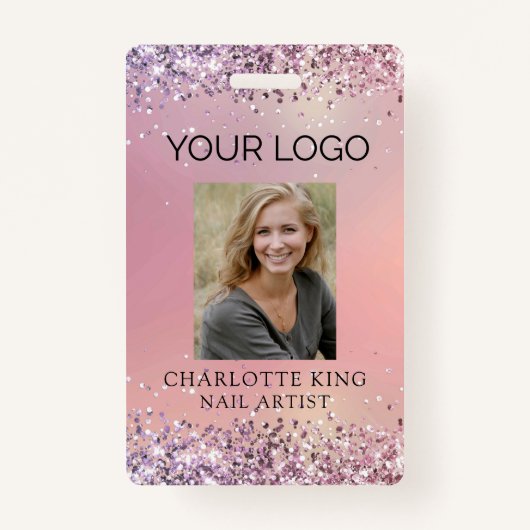Moderne Glitter Roze Werknemer Foto ID Badge (Voorkant)