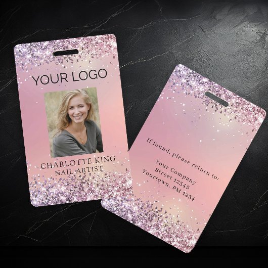 Moderne Glitter Roze Werknemer Foto ID Badge