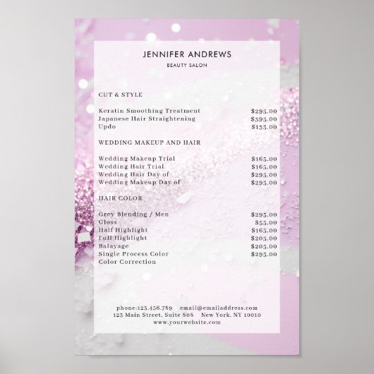 Moderne Glitter Salon-prijslijst Poster (Voorkant)