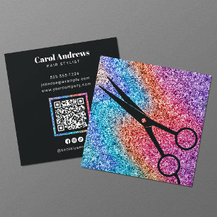 Moderne Glitter Schaars Zwart Kapsalon QR Code Vierkante Visitekaartje