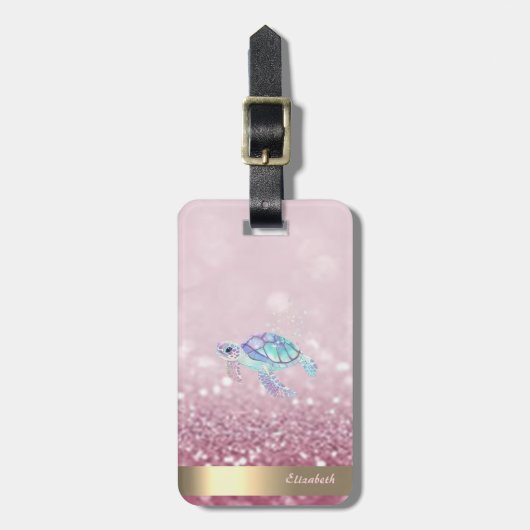 Moderne Glitter Schildpad Glitter Bokeh Bagagelabel (Voorkant verticaal)