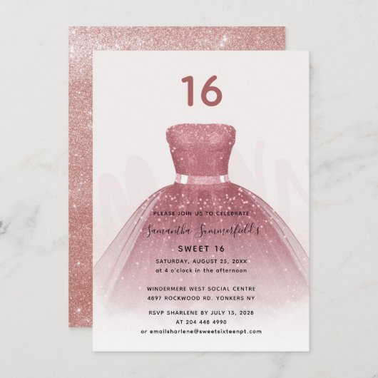 Moderne Glitter Sweet 16 Script Roos Gold Birthday Kaart (Voorkant / Achterkant)