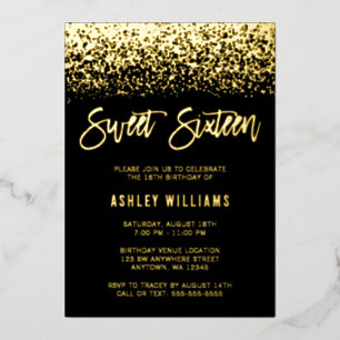 Moderne Glitter Sweet 16 Zwart Goud Folie Uitnodiging