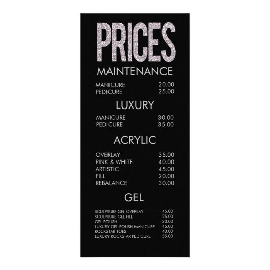 Moderne Glitter Typografie Salon Menu Kaarten (Voorkant)