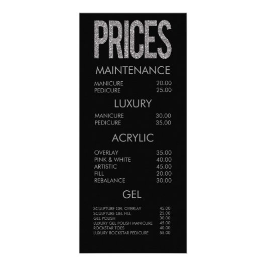 Moderne Glitter Typografie Salon Menu Kaarten (Voorkant)