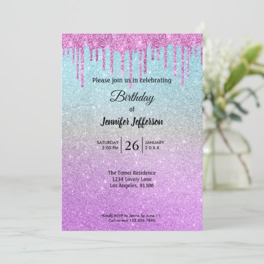 Moderne glitter Verjaardag uitnodiging (Staand voorkant)