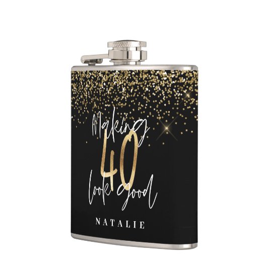 Moderne glitter zwart en goud 40e verjaardag heupfles (Links)