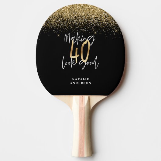Moderne glitter zwart en goud 40e verjaardag tafeltennisbatje (Voorkant)